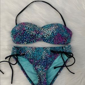 Aerie 2 PC Blue Black Print Bikini Swimsuit Small